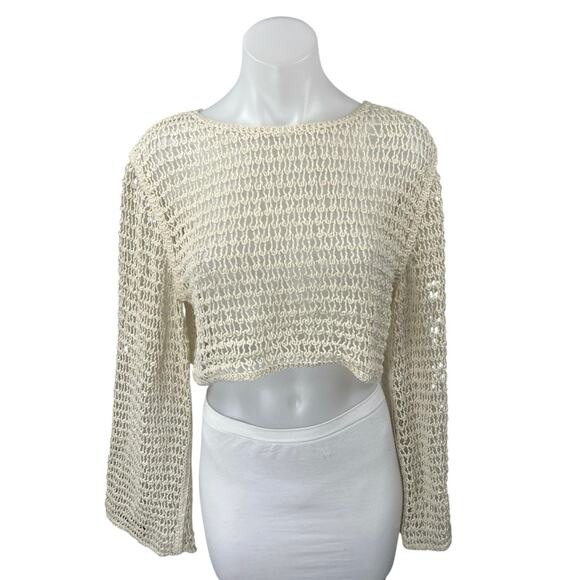 Zara Women's Cream Long Flare Sleeve Open Knit Crochet Sweater Crop Top Size M - Picture 1 of 3